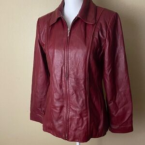 Jacqueline Ferrar- Vintage Wine/ Red Leather Jacket, Flattering Fitted Cut- Sz M